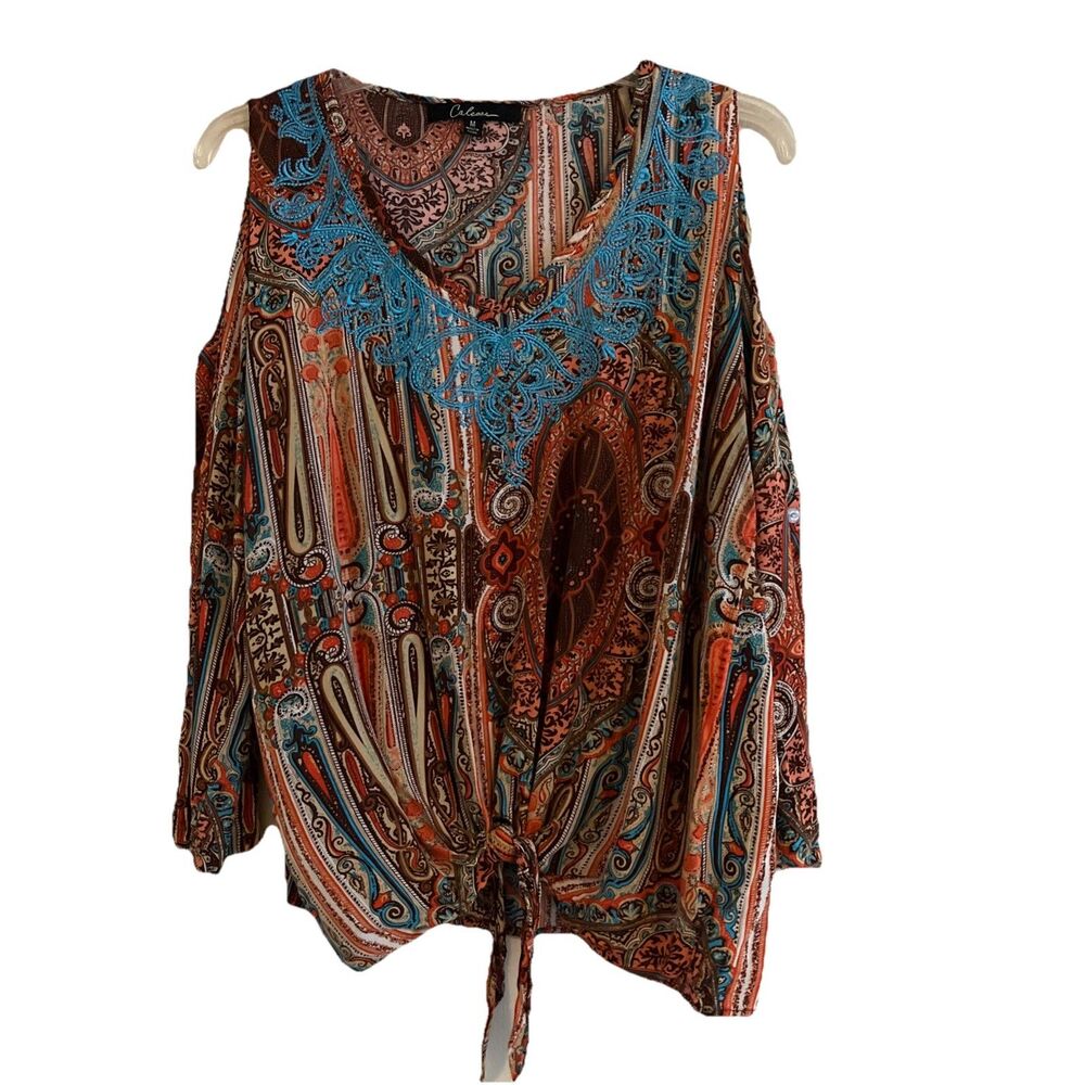 Calessa Cold Shoulder Top Women’s M Brown Turquoise Paisley Tie Front Cowgirl